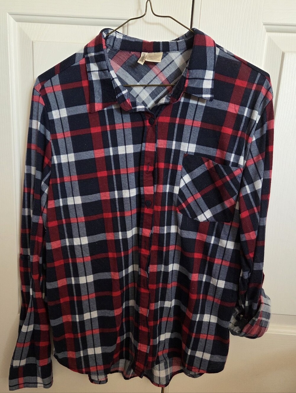 Women's Large Navy and Red Plaid Button-Up Shirt